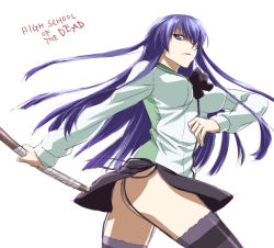 Rule 34 | 1girl, ass, blue eyes, bow, breasts, busujima saeko, copyright name, flat ass, garter straps, hair over one eye, highschool of the dead, large breasts, long hair, purple hair, school uniform, skirt, solo, tamtam, thighhighs, thighs, weapon, white background