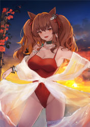 Rule 34 | 1girl, :d, angelina (arknights), angelina (summer flower) (arknights), animal ears, arknights, backlighting, bare shoulders, bracelet, breasts, brown hair, casual one-piece swimsuit, cleavage, cloud, collarbone, cowboy shot, ema (kuguiema), evening, fox ears, gluteal fold, gradient sky, groin, hair ribbon, highleg, highleg swimsuit, highres, infection monitor (arknights), jewelry, long hair, looking at viewer, medium breasts, necklace, off shoulder, official alternate costume, one-piece swimsuit, open mouth, outdoors, red eyes, red one-piece swimsuit, red ribbon, ribbon, see-through, sky, smile, solo, sunlight, sunset, swimsuit, swimsuit cover-up, thigh strap, thighs, two side up