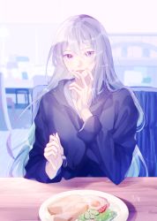 Rule 34 | absurdres, ambiguous gender, artist name, blurry, blurry background, egg, food, fork, fuurin hino513, grey hair, highres, holding, holding fork, indoors, long hair, long sleeves, original, plate, purple eyes, table, tongue, tongue out