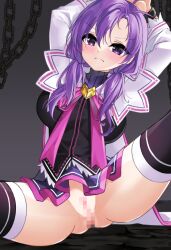 Rule 34 | 1girl, aisha landar, arms up, black thighhighs, blush, bound, bound wrists, bow, brooch, censored, chain, closed mouth, coat, dot nose, elemental master (elsword), elsword, glaring, grey background, heart, heart brooch, jewelry, looking at viewer, low twintails, medium hair, miniskirt, mosaic censoring, no panties, pink bow, purple eyes, purple hair, purple skirt, pussy, simple background, skirt, solo, spread legs, sula (s ra760), thighhighs, twintails, white coat