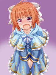 Rule 34 | 1girl, ahoge, between legs, blue bow, blue bowtie, blue capelet, blue dress, blunt bangs, blush, bow, bowtie, buttons, capelet, collarbone, dress, embarrassed, fang, female focus, frilled capelet, frilled dress, frills, glint, gradient background, hair ribbon, halftone, hand between legs, have to pee, highres, indie virtual youtuber, long hair, long sleeves, miso panda, mole, mole under eye, nervous, nose blush, open mouth, orange hair, outline, own hands together, purple background, ribbon, shindo leo, sidelocks, simple background, smile, solo, standing, striped, striped bow, sweat, tears, two-tone background, v-shaped eyebrows, v arms, virtual youtuber, white outline, white ribbon