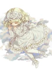 Rule 34 | 1girl, artist name, bad id, bad pixiv id, blonde hair, blush, boots, bow, closed eyes, closed mouth, cloud, dress, fingernails, frilled dress, frills, full body, hair bow, hands up, haruri, highres, hinaichigo, knees together feet apart, lolita fashion, long sleeves, lying, on side, pantyhose, ringlets, rozen maiden, short hair, signature, simple background, solo, white background, white bow, white dress, white footwear, white pantyhose, white theme