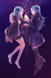 Rule 34 | 2girls, aqua hair, bang dream!, black pantyhose, black shorts, blue jacket, boots, braid, brown coat, brown footwear, coat, commentary, green eyes, highres, hikawa hina, hikawa sayo, holding, holding star, incest, jacket, long hair, looking at another, medium hair, multiple girls, pantyhose, shorts, sky, spotlight l, star (sky), star (symbol), starry background, starry sky, sweater, twin braids, white footwear, white sweater, yuri