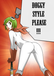 Rule 34 | agasan, ass, bent over, bleach, bodysuit, brown eyes, cameltoe, costume, doggystyle, gloves, green hair, happy, presenting, kuna mashiro, looking back, parody, sex, sex from behind, sexually suggestive, short hair, skin tight, smile, spread legs, sword, tight clothes, weapon