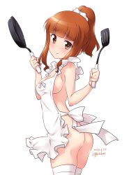 Rule 34 | 1girl, apron, artist name, ass, blush, breasts, brown eyes, brown hair, cleavage, closed mouth, covered erect nipples, dated, frying pan, girls und panzer, highres, holding, kuzuryuu kennosuke, large breasts, looking at viewer, naked apron, ponytail, sideboob, simple background, skindentation, smile, solo, standing, takebe saori, thighhighs, white background, white thighhighs
