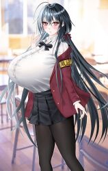 Rule 34 | 1girl, absurdres, ahoge, alternate breast size, armband, azur lane, black bow, black bowtie, black hair, black pantyhose, black skirt, blurry, blurry background, blush, bow, bowtie, breasts, bursting breasts, button gap, collared shirt, crossed bangs, desk, gigantic breasts, glasses, highres, huge breasts, impossible clothes, indoors, jacket, k2 (bgf456dbgf1456), long hair, long sleeves, looking at viewer, official alternate costume, pantyhose, pleated skirt, red eyes, red jacket, round eyewear, school desk, shirt, skirt, solo, taihou (azur lane), taihou (sweet time after school) (azur lane), very long hair, white shirt, yellow armband