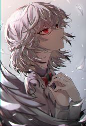 Rule 34 | 1girl, 33 gaff, absurdres, angel wings, bow, bowtie, brooch, commentary request, expressionless, feathers, gradient background, grey background, grey hair, hands on own chest, hands up, highres, jewelry, kishin sagume, looking up, medium hair, parted lips, red bow, red bowtie, red eyes, ringed eyes, sidelighting, sketch, solo, touhou, wings