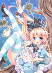 Rule 34 | 1girl, alice (alice in wonderland), alice in wonderland, ass, blonde hair, blue eyes, blush, breasts, clock, dress, female focus, hair ornament, hair ribbon, large breasts, long hair, looking at viewer, mushroom, open mouth, rabbit, ribbon, rinka (yuyutei), shiny skin, shoes, smile, striped clothes, striped thighhighs, teapot, thighhighs, tree, white rabbit (alice in wonderland)
