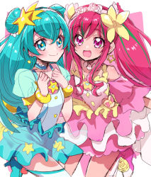 Rule 34 | 2girls, :d, aqua choker, aqua dress, aqua eyes, aqua hair, blush, border, choker, clenched hands, closed mouth, cure milky, cure star, detached sleeves, double bun, dress, drill hair, earrings, eru, flower, frilled choker, frilled sleeves, frills, green hair, hagoromo lala, hair bun, hair flower, hair ornament, hairband, hands on own chest, heart, hoshina hikaru, jewelry, leaning forward, long hair, magical girl, multicolored hair, multiple girls, open mouth, outside border, pearl hair ornament, pink background, pink dress, pink eyes, pink hair, pink hairband, pink sleeves, pouch, precure, prototype design, shiny skin, side drill, sidelocks, simple background, sketch, smile, star-shaped pupils, star (symbol), star color pendant, star earrings, star hair ornament, star in eye, star print, star twinkle precure, streaked hair, symbol-shaped pupils, symbol in eye, thighhighs, twintails, white border, white hairband