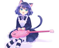 Rule 34 | 1girl, animal ears, bell, black dress, black hair, blush, cat ears, cat girl, cat tail, curly hair, cyan (show by rock!!), dress, green eyes, guitar, heart guitar, highres, instrument, kyuuri (miyako), long sleeves, looking at viewer, neck bell, open mouth, pantyhose, show by rock!!, simple background, sitting, solo, striped clothes, striped pantyhose, tail, white background