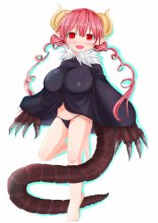 Rule 34 | 10s, 1girl, barefoot, blush, breasts, dragon claw, dragon girl, dragon horns, dragon tail, fang, highres, horns, ilulu (maidragon), kobayashi-san chi no maidragon, large breasts, long hair, looking at viewer, navel, pink hair, pointy ears, red eyes, slit pupils, smile, solo, tail, twintails
