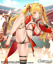 Rule 34 | 1girl, black panties, black thighhighs, blonde hair, character request, circlet, evertale, fighting stance, fire, holding, holding staff, jacket, journey to the west, leg up, long hair, monkey girl, monkey tail, open clothes, open jacket, open mouth, panties, pelvic curtain, popqn, red footwear, single thighhigh, skindentation, staff, sun wukong, tail, thighhighs, thighlet, underwear