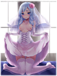 Rule 34 | 10s, 1girl, bad id, bad pixiv id, blue eyes, blue hair, blush, breasts, bridal veil, corset, dress, elbow gloves, flower, garter straps, gloves, hair flower, hair ornament, happinesscharge precure!, hosshiwa, jewelry, long hair, looking at viewer, matching hair/eyes, mogiki hayami, necklace, nipples, pearl necklace, precure, ringlets, see-through, see-through silhouette, small breasts, smile, solo, thighhighs, veil, wedding dress, white gloves, white thighhighs