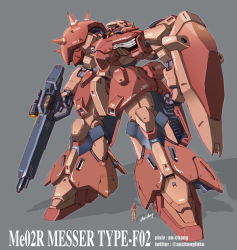 Rule 34 | an-chang, artist name, beam rifle, character name, energy gun, grey background, gun, gundam, gundam hathaway&#039;s flash, highres, holding, holding gun, holding shield, holding weapon, mecha, messer (mobile suit), mobile suit, robot, science fiction, shield, silhouette, size comparison, solo focus, standing, visor, weapon