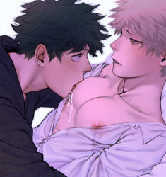 Rule 34 | 2boys, bakugou katsuki, black hair, black hoodie, blonde hair, blush, boku no hero academia, breast sucking, breasts, commentary request, eye contact, from side, green hair, grey background, half-closed eye, highres, hood, hood down, hoodie, lactation, lactation through clothes, looking at another, male focus, midoriya izuku, multiple boys, nipples, open mouth, pale skin, parted lips, partially unbuttoned, pectorals, profile, saliva, shirt, short hair, spiked hair, teeth, wengwengchim, yaoi