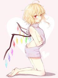 Rule 34 | 1girl, ahoge, ass, backless dress, backless outfit, bare arms, bare back, blonde hair, blush, breasts, butt crack, dress, flandre scarlet, full body, grey sweater, heart, honotai, kneeling, looking at viewer, meme attire, naked sweater, ribbed sweater, sideboob, simple background, sketch, small breasts, solo, sweater, sweater dress, touhou, virgin killer sweater, wings