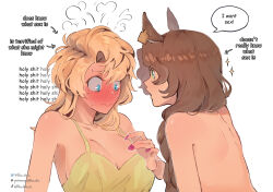 Rule 34 | 2girls, animal ears, back, blonde hair, blonney, blue eyes, blush, breasts, brown hair, cleavage, commentary, ear tag, english commentary, english text, green eyes, highres, horse ears, jessica (reverse:1999), large breasts, lilac alien, long hair, multiple girls, nail polish, reverse:1999, simple background, sparkle, speech bubble, sweat, topless, upper body, white background, yuri