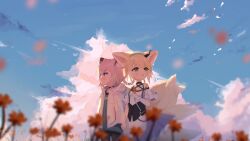 Rule 34 | 2girls, absurdres, animal ears, arknights, bare shoulders, black collar, blonde hair, blue eyes, blue sky, blue vest, blurry, blurry foreground, blush, braid, closed mouth, clothing cutout, collar, commentary, cowboy shot, dress, earpiece, evening, flower, fox ears, fox girl, fox tail, frilled dress, frills, green eyes, highres, holding, holding flower, holding hands, hood, hood down, hooded jacket, infection monitor (arknights), jacket, kattowu, kitsune, kyuubi, material growth, multicolored hair, multiple girls, multiple tails, oripathy lesion (arknights), outdoors, parted lips, pink hair, purple dress, short hair, shoulder cutout, sky, sussurro (arknights), suzuran (arknights), tail, twin braids, two-tone hair, upper body, vest, white hair, white jacket, wide shot, wrist cuffs