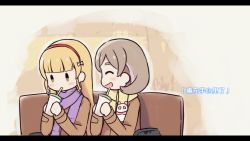 Rule 34 | 2girls, :d, ^ ^, backpack, bag, blonde hair, blunt bangs, blush, bow, brown hair, brown jacket, chibi, closed eyes, cup, disposable cup, drinking straw, eyebrows hidden by hair, green eyes, hair bow, hairband, heanna sumire, holding, holding cup, jacket, langbazi, letterboxed, long hair, love live!, love live! superstar!!, multicolored hair, multiple girls, open mouth, pink hair, profile, purple scarf, red hairband, scarf, short eyebrows, sitting, smile, streaked hair, tang keke, thick eyebrows, translation request, very long hair, white bow, yellow scarf