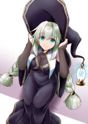 Rule 34 | 1girl, black bridal gauntlets, black dress, black hat, braid, breasts, bridal gauntlets, closed mouth, commentary request, dated, dress, feet out of frame, green eyes, green hair, hair intakes, hat, hat lantern, lantern, large breasts, long hair, looking at viewer, low twin braids, original, signature, sitting, smile, solo, takaha momo, tight clothes, tight dress, twin braids, witch hat