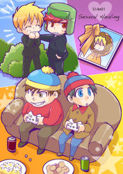 Rule 34 | 4boys, 5boys, beanie, black hair, blonde hair, blue eyes, bow, brown eyes, brown hair, brown upholstery, bush, butters stotch, can, closed eyes, coat, controller, copyright name, couch, drink can, english text, eric cartman, formal, from above, game console, game controller, grin, hat, kenny mccormick, kyle broflovski, looking up, male focus, multiple boys, parted lips, photo (object), plate, red eyes, red hair, sakurapanda, smile, soda can, south park, stan marsh, standing, star (symbol), suit, xbox 360