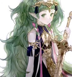Rule 34 | 1girl, braid, fire emblem, fire emblem: three houses, green eyes, green hair, holding, holding sword, holding weapon, long hair, nintendo, pieces fe3h, pointy ears, ribbon braid, simple background, solo, sothis (fire emblem), sword, sword of the creator, tiara, twin braids, upper body, weapon, white background