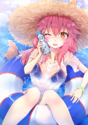 Rule 34 | 10s, 1girl, absurdres, animal ears, bikini, blue bikini, blush, bottle, breasts, cleavage, collarbone, ears through headwear, fang, fate/extra, fate/grand order, fate (series), fox ears, fox tail, hat, highres, large breasts, long hair, looking at viewer, minikon, ocean, one eye closed, open mouth, outdoors, pink hair, see-through, shirt, solo, swimsuit, tail, tamamo (fate), tamamo no mae (fate/extra), tamamo no mae (swimsuit lancer) (fate), tamamo no mae (swimsuit lancer) (second ascension) (fate), water, water bottle, wet, wet clothes, wet shirt, yellow eyes