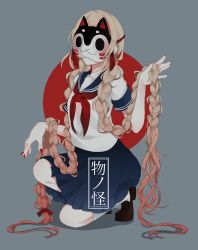 Rule 34 | 1girl, absurdly long hair, blue skirt, braid, brown footwear, cat mask, circle, full body, grey background, highres, holding, holding own hair, japanese flag, kneehighs, light brown hair, loafers, long hair, mask, nail polish, neckerchief, original, pleated skirt, red nails, red neckerchief, school uniform, serafuku, shoes, skirt, socks, solo, squatting, text focus, translated, twin braids, usamochi., usamochi (7290381), very long hair, white socks