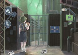 Rule 34 | 1girl, bow, cheerleader, closed eyes, cookie (touhou), crossover, daiyousei, facing away, from behind, gate, green hair, hair bow, high-visibility vest, hinase (cookie), ichiba youichi, keypad, muted color, outdoors, ponytail, puffy short sleeves, puffy sleeves, road sign, short hair, short ponytail, short sleeves, sign, solo, touhou, yellow bow