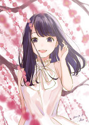 Rule 34 | 1girl, :d, absurdres, bare arms, bare shoulders, black eyes, blue hair, blurry, blurry foreground, branch, breasts, commentary request, dated, depth of field, dress, flower, frills, hand up, highres, long hair, looking at viewer, open mouth, original, pink flower, reiwa, sako (35s 00), signature, sleeveless, sleeveless dress, smile, solo, standing, upper body, white dress