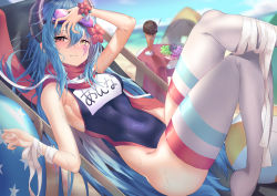 Rule 34 | 1girl, anna (princess connect!), anna (summer) (princess connect!), armpits, ass, ball, bandages, bare arms, beach, beach chair, beachball, black one-piece swimsuit, blue hair, blue sky, blush, breasts, commentary, covered navel, demon horns, facial tattoo, flower, food, foot out of frame, goggles, hair between eyes, hair flower, hair ornament, hand on own head, hand up, heterochromia, horns, ice cream, long hair, looking at viewer, lying, mizuha (pixiv56938668), name tag, on back, one-piece swimsuit, princess connect!, red eyes, red scarf, scarf, school swimsuit, sideboob, sidelocks, sky, small breasts, smile, solo, swimsuit, tattoo, tent, thighhighs, thighs, translated, wavy hair, yellow eyes