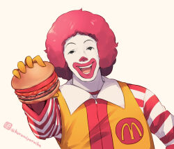 Rule 34 | 1boy, :d, afro, black eyes, brown background, burger, clown, colored skin, facepaint, food, gloves, holding, holding burger, holding food, jumpsuit, kuromiya, looking at viewer, male focus, mcdonald&#039;s, one-hour drawing challenge, open mouth, red hair, red lips, ronald mcdonald, simple background, smile, solo, striped sleeves, twitter username, upper body, white skin, yellow gloves, yellow jumpsuit