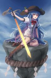 Rule 34 | 1girl, black hat, blue hair, boots, brown footwear, buttons, collared shirt, cross-laced footwear, food, fruit, hair between eyes, hat, highres, hinanawi tenshi, holding, holding sword, holding weapon, lace-up boots, long hair, namiki (remiter00), open mouth, peach, puffy short sleeves, puffy sleeves, red eyes, shirt, short sleeves, solo, sword, sword of hisou, touhou, weapon, white shirt