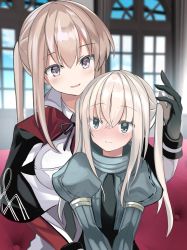 Rule 34 | 2girls, black gloves, blonde hair, capelet, celtic knot, commentary request, couch, cropped jacket, fathom, gloves, graf zeppelin (kancolle), grey eyes, hair between eyes, highres, kantai collection, long hair, matching hairstyle, military, military uniform, multiple girls, necktie, sidelocks, twintails, u-511 (kancolle), uniform, upper body, window