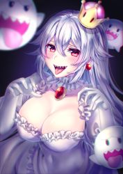 Rule 34 | 1girl, :d, artist name, bad id, bad pixiv id, blush, boo (mario), breasts, cleavage, commentary request, crown, dress, earrings, elbow gloves, gloves, hair between eyes, jewelry, large breasts, long hair, looking at viewer, luigi&#039;s mansion, mario (series), mini crown, new super mario bros. u deluxe, nintendo, open mouth, princess king boo, puffy short sleeves, puffy sleeves, red eyes, saruei, sharp teeth, short sleeves, silver hair, smile, solo, super crown, teeth, tongue, tongue out, very long hair, watermark, web address, white dress, white gloves