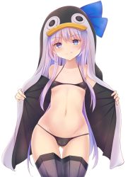 Rule 34 | 1girl, absurdres, animal hood, armor, bare shoulders, black jacket, blue bow, blue eyes, blush, bow, breasts, choker, closed mouth, collarbone, fate/grand order, fate (series), greaves, hair between eyes, highres, hood, jacket, licking lips, long hair, long sleeves, looking at viewer, meltryllis, meltryllis (fate), meltryllis (swimsuit lancer) (fate), meltryllis (swimsuit lancer) (first ascension) (fate), navel, open clothes, open jacket, penguin hood, purple hair, sleeves past fingers, sleeves past wrists, small breasts, smile, solo, thighs, tongue, tongue out, very long hair, yuu ms1974