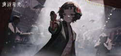 Rule 34 | 1girl, 6+boys, aiming, aiming at viewer, backlighting, bar (place), black coat, black hair, blurry, blurry background, chandelier, coat, copyright name, copyright notice, crowd, curly hair, dress, dutch angle, feather dress, feather hair ornament, feathers, finger on trigger, flat chest, grin, gun, hair ornament, handgun, highres, holding, holding gun, holding weapon, logo, long sleeves, looking at viewer, multiple boys, official art, pointing gun, red dress, red eyes, red feathers, reverse:1999, schneider (reverse:1999), short hair, smile, solo focus, spotlight, upper body, weapon, yetecong
