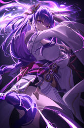 Rule 34 | 1girl, braid, breasts, commentary request, genshin impact, hair ornament, highres, holding, holding sword, holding weapon, large breasts, long hair, long sleeves, looking at viewer, low-braided long hair, low-tied long hair, melt (melt out1), mole, mole under eye, musou isshin (genshin impact), purple eyes, purple hair, purple thighhighs, raiden shogun, solo, sword, thighhighs, thighs, weapon, wide sleeves