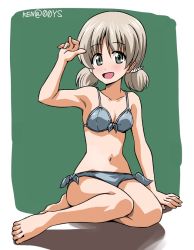 Rule 34 | 1girl, :d, aki (girls und panzer), armpits, barefoot, bikini, blush, breasts, cleavage, collarbone, front-tie bikini top, front-tie top, girls und panzer, green background, green eyes, grey bikini, hair between eyes, navel, open mouth, ponzu rui, short hair, short twintails, side-tie bikini bottom, signature, silver hair, small breasts, smile, solo, swimsuit, twintails, white background