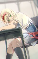Rule 34 | 1girl, alice margatroid, belt, black socks, blonde hair, blue dress, blush, capelet, chair, chromatic aberration, crossed arms, desk, dress, dutch angle, frills, from side, green eyes, hairband, head tilt, kneehighs, leaning forward, looking at viewer, looking to the side, radiosity (yousei), school desk, short hair, socks, solo, table, thighs, touhou