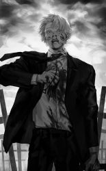 Rule 34 | 1boy, blazer, blood, blood on clothes, blood on face, cable, chainsaw man, collared shirt, cowboy shot, creature, cross, denji (chainsaw man), dress shirt, formal, greyscale, hand up, highres, holding, holding person, injury, jacket, latin cross, long sleeves, looking at viewer, looking down, male focus, monochrome, necktie, nosebleed, open mouth, pants, pochita (chainsaw man), seki (fyfyfy), sharp teeth, shirt, shirt tucked in, short hair, solo, spoilers, suit, teeth
