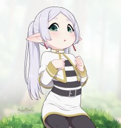 Rule 34 | 1girl, aged down, artist name, belt, belt buckle, black belt, black thighhighs, blurry, blurry background, buckle, capelet, commentary, dot nose, dress, drop earrings, earrings, elf, english commentary, forest, frieren, gold trim, green eyes, grey hair, hands up, highres, jewelry, light blush, long hair, long sleeves, looking at viewer, mixed-language commentary, nature, open mouth, outdoors, parted bangs, pinkbunnyjuice, pointy ears, sitting, sleeve cuffs, solo, sousou no frieren, striped clothes, striped dress, tareme, thick eyebrows, thighhighs, twintails, white capelet, white dress