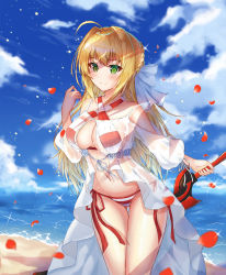 Rule 34 | 1girl, aestus estus, ahoge, bare shoulders, beach, bikini, blonde hair, blue sky, blush, braid, breasts, closed mouth, criss-cross halter, day, dress, fate/grand order, fate (series), french braid, gown, green eyes, hair between eyes, hair intakes, halterneck, highres, large breasts, lkeris, long hair, looking at viewer, navel, nero claudius (fate), nero claudius (fate) (all), nero claudius (swimsuit caster) (fate), nero claudius (swimsuit caster) (third ascension) (fate), ocean, petals, rose petals, side-tie bikini bottom, sky, smile, solo, sparkle, striped bikini, striped clothes, swimsuit, sword, thighs, weapon