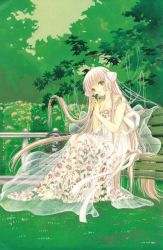 Rule 34 | 00s, 1girl, bench, chii, chobits, clamp, dress, flower, grass, hair tubes, long hair, robot ears, see-through, sitting, solo, tree, very long hair