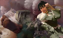 1girl barefoot black_hair building clenched_hand cloud destruction dougi foreshortening giant giantess karate_gi kicking leg_up makoto_(street_fighter) martial_arts_belt open_mouth outdoors rammzi scarf short_hair shouting smoke soles street_fighter toes yellow_scarf