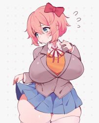 Rule 34 | 1girl, absurdres, aliceyawnin, alternate breast size, blue eyes, blue skirt, bow, breasts, clothes lift, covered erect nipples, doki doki literature club, flying sweatdrops, hair bow, highres, huge breasts, orange shirt, pink bow, pink hair, pleated skirt, polka dot, polka dot background, red ribbon, ribbon, sayori (doki doki literature club), school uniform, sexually suggestive, shirt, skirt, skirt lift, solo, sweatdrop, thick thighs, thighs, white background