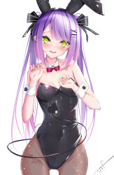 Rule 34 | 1girl, absurdres, alternate costume, animal ears, black leotard, black pantyhose, blush, bow, bowtie, breasts, colored inner hair, demon girl, demon tail, detached collar, ear piercing, fake animal ears, fangs, fishnet pantyhose, fishnets, green eyes, hair ornament, hair ribbon, hairclip, hat, highleg, highleg leotard, highres, hololive, horns, infy, leotard, long hair, looking at viewer, multicolored hair, open mouth, pantyhose, piercing, pink hair, playboy bunny, purple hair, rabbit ears, ribbon, shirt, shoulder tattoo, signature, simple background, small breasts, smile, solo, source request, strapless, strapless leotard, streaked hair, tail, tattoo, thighs, tokoyami towa, twintails, virtual youtuber, white background, wrist cuffs, x hair ornament
