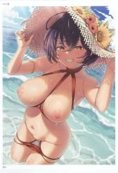 Rule 34 | 1girl, absurdres, armlet, arms up, artist name, bare arms, bare shoulders, between breasts, bikini, bikini pull, black hair, blue sky, blurry, breasts, breasts apart, breasts out, brown bikini, brown eyes, brown hat, clenched teeth, clothes pull, cloud, cloudy sky, collarbone, dark-skinned female, dark skin, day, depth of field, dutch angle, eyelashes, fingernails, flower, grin, groin, hair between eyes, half-closed eyes, halterneck, hands on headwear, hat, hat flower, herio, highres, large breasts, leaf, light rays, looking at viewer, midriff, nail polish, navel, nipples, o-ring, o-ring bikini, ocean, original, outdoors, page number, puffy nipples, red nails, shore, short hair, sky, smile, solo, standing, strap between breasts, straw hat, sun hat, sunflower, swimsuit, teeth, thigh gap, toranoana, wading, waves, wet