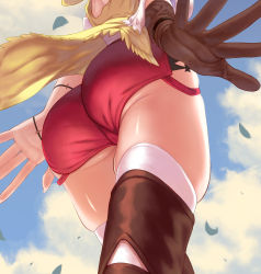 Rule 34 | 1girl, artist request, ass, ass focus, atelier (series), atelier ryza, boots, breasts, cameltoe, fingernails, from behind, from below, gloves, head out of frame, highres, hood, hooded vest, hoodie, huge ass, large breasts, red shorts, reisalin stout, ribbon, sharp fingernails, shiny skin, short shorts, shorts, sideboob, single glove, skindentation, sky, solo, thick thighs, thigh boots, thighhighs, thighs, vest, wide hips