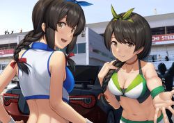 Rule 34 | 2girls, 6+others, :d, black hair, blush, braid, breasts, brown eyes, brown hair, building, car, choker, cleavage, collarbone, crop top, day, green ribbon, hair over shoulder, hair ribbon, highres, ichikawa feesu, isonami (kancolle), kantai collection, long hair, looking at viewer, medium breasts, motor vehicle, multiple girls, multiple others, navel, open mouth, orange ribbon, outdoors, race queen, reaching, reaching towards viewer, red ribbon, ribbon, shimakaze (kancolle), sidelocks, single braid, sleeveless, smile, stomach, uranami (kancolle)